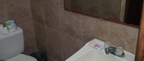 A bathroom with a toilet, a sink, and a trash bin.