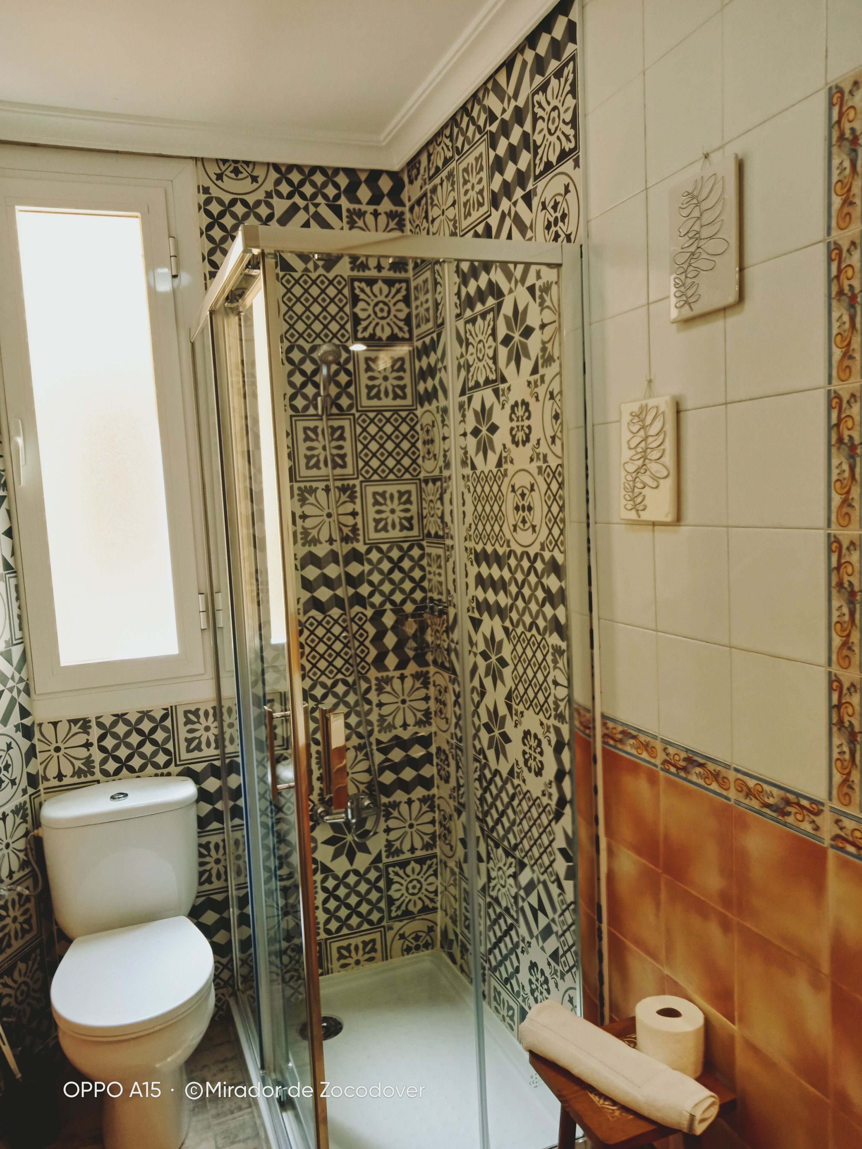 A bathroom with patterned tiles, a glass-enclosed shower, a toilet, and a towel rack.