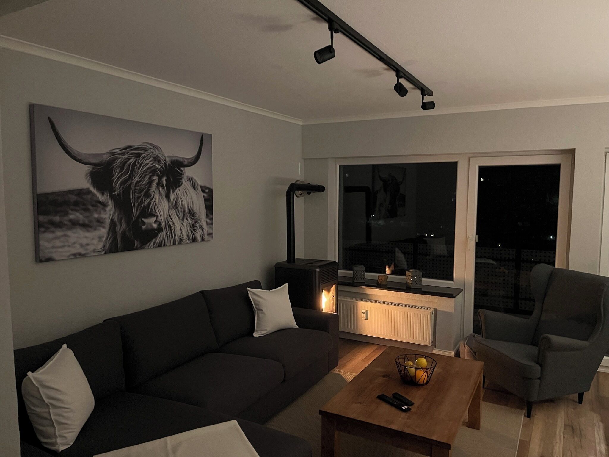 TV, fireplace, table football