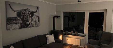 TV, fireplace, table football