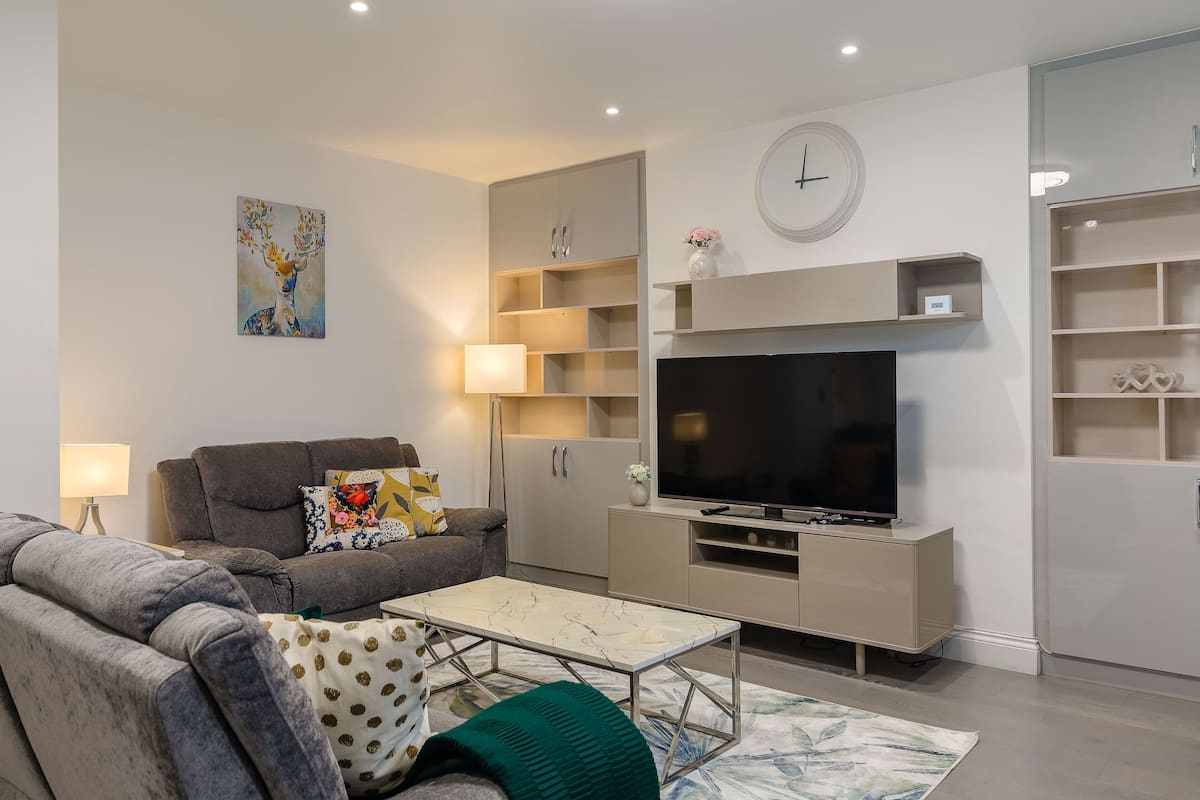 Comfort appartement | Woonruimte | Een 45-inch flatscreentelevisie met satellietzenders en een televisie