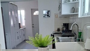 Une cuisine moderne avec un îlot central, deux chaises en bois dotées de coussins rouges, une fougère en pot et une horloge au mur.