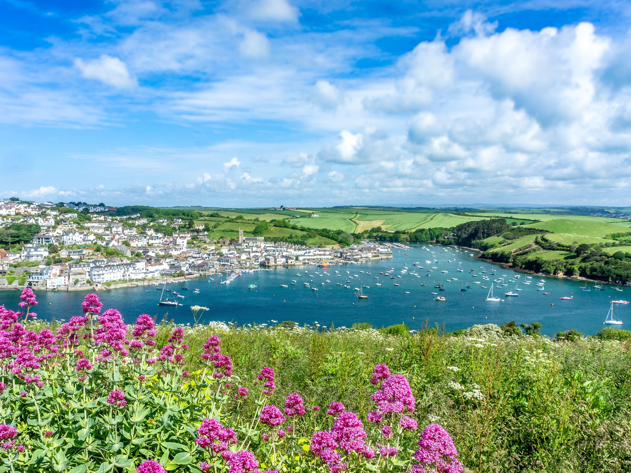 A coastal town with a harbor filled with boats, surrounded by green fields and a clear blue sky.
