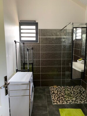 Shower, hair dryer, towels, toilet paper
