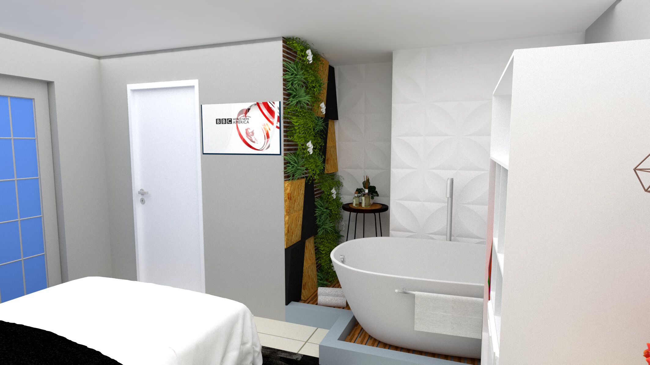 A modern bathroom with a large bathtub, a wall-mounted sink, and a small round table with plants.