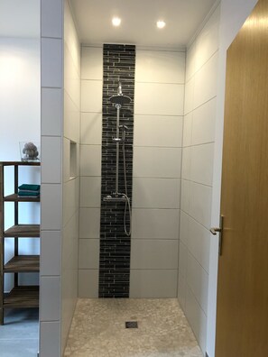 Shower, hair dryer, soap, shampoo