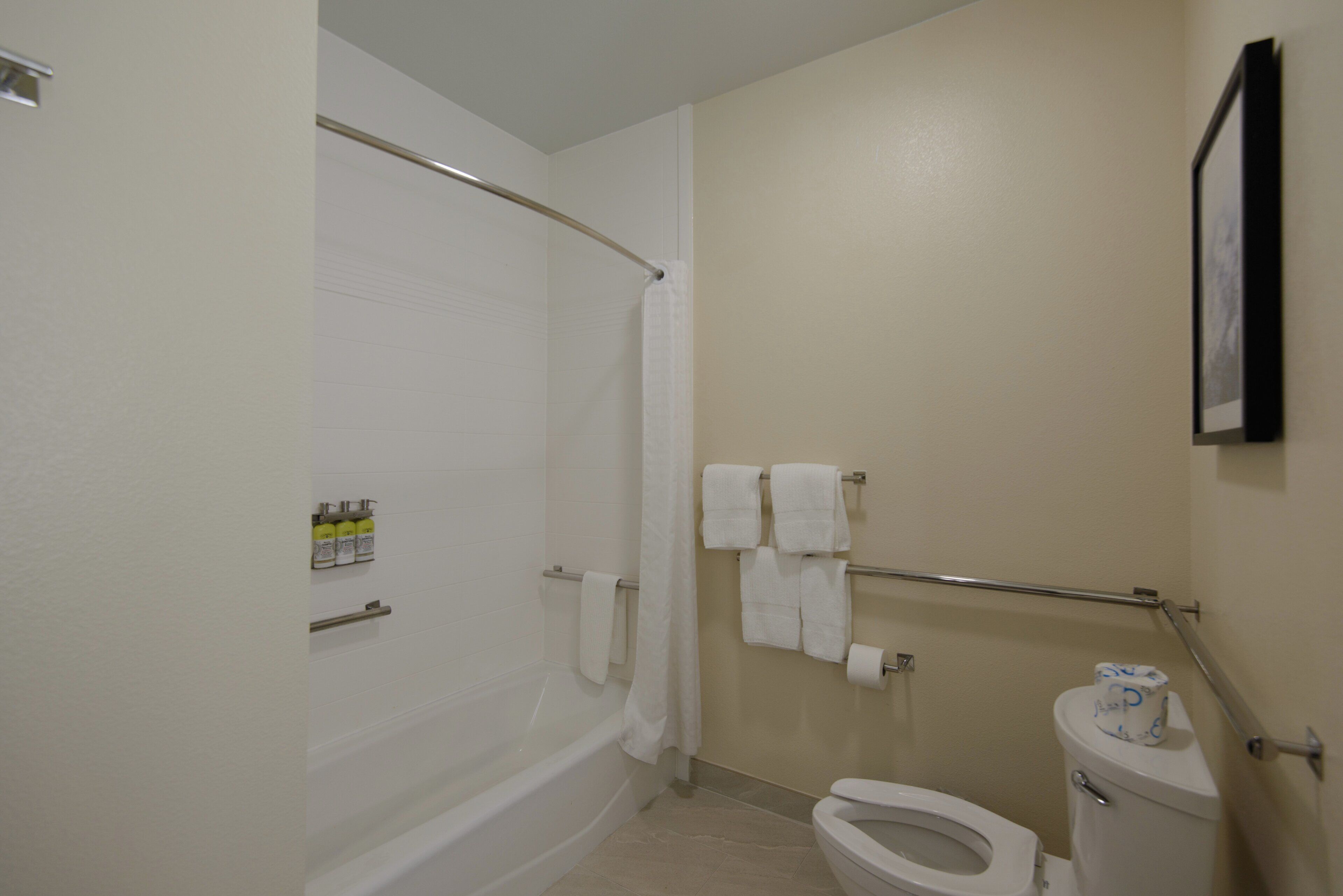 Un baño con bañera, inodoro y barras de apoyo.