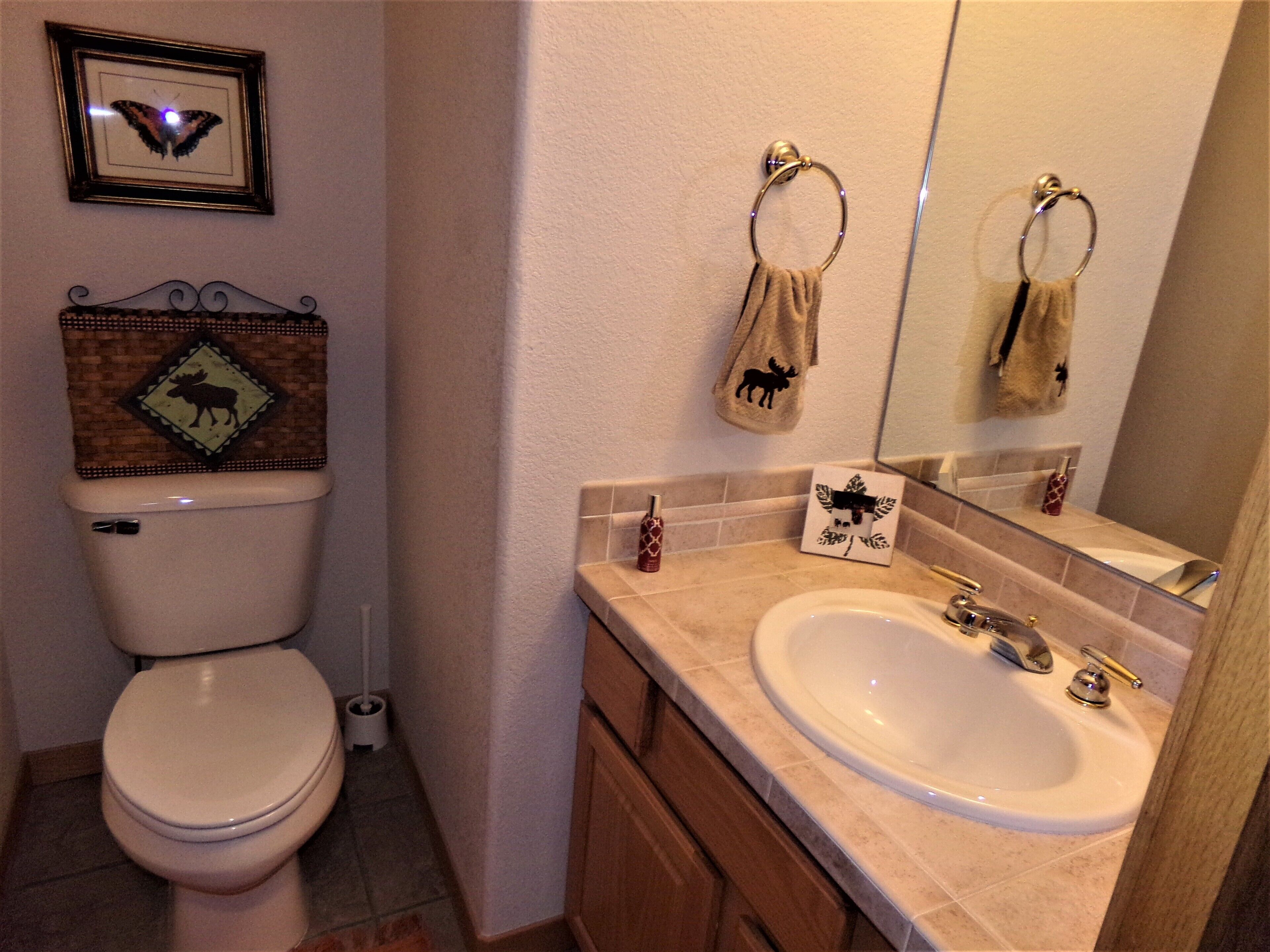Une salle de bain avec des toilettes, un lavabo et un miroir.