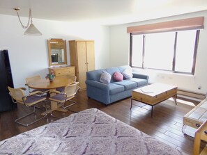 Studio, Multiple Beds, Courtyard View (Edgewater Stuido 1 Bath EWJP) | Living area | 40-inch flat-screen TV with cable channels, TV, fireplace