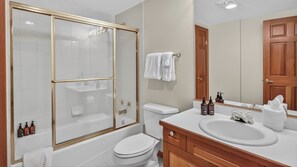 Hair dryer, towels, soap, shampoo
