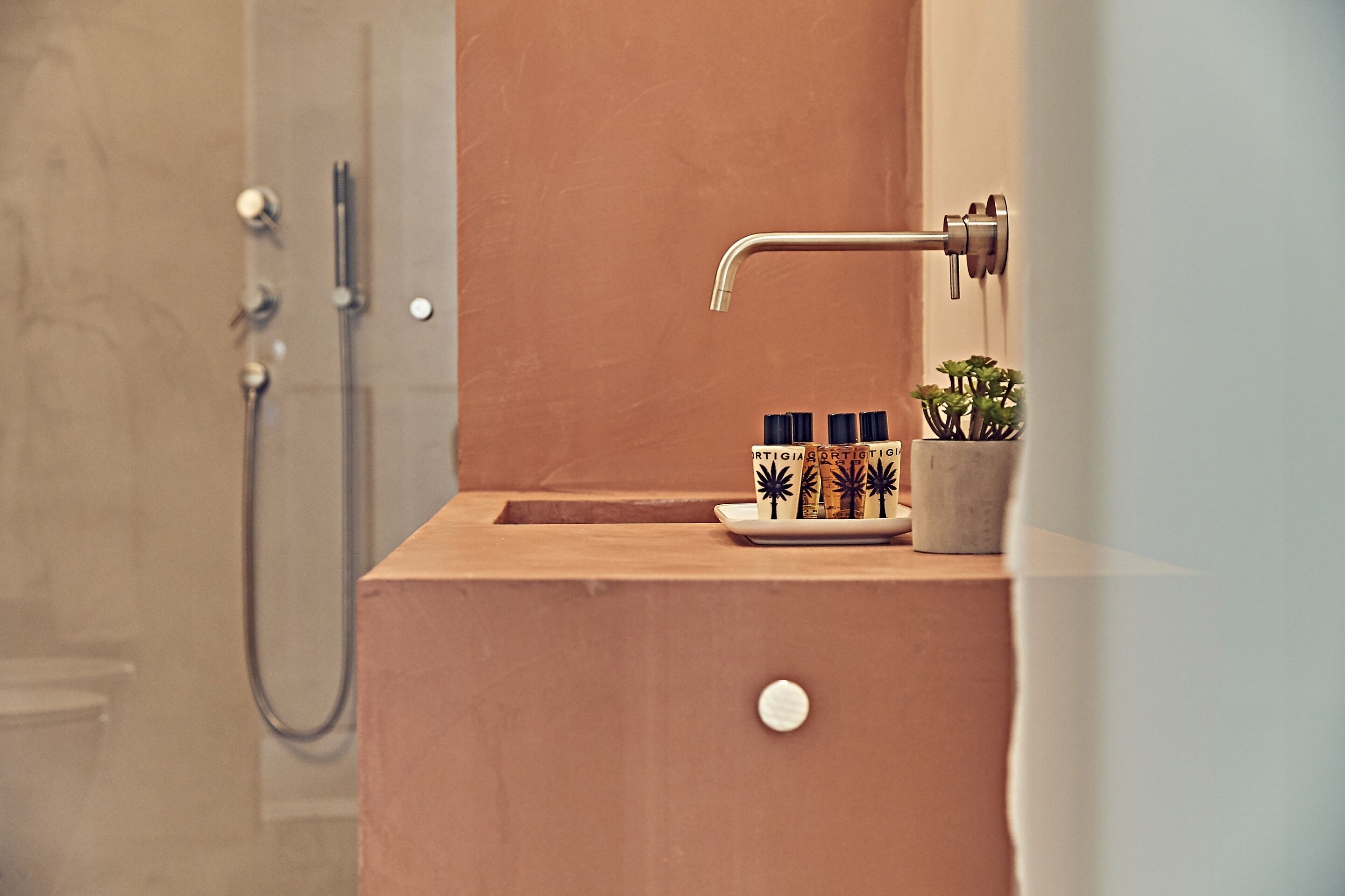 Een badkamer met een houten wastafelmeubel, een douche en een kleine potplant.