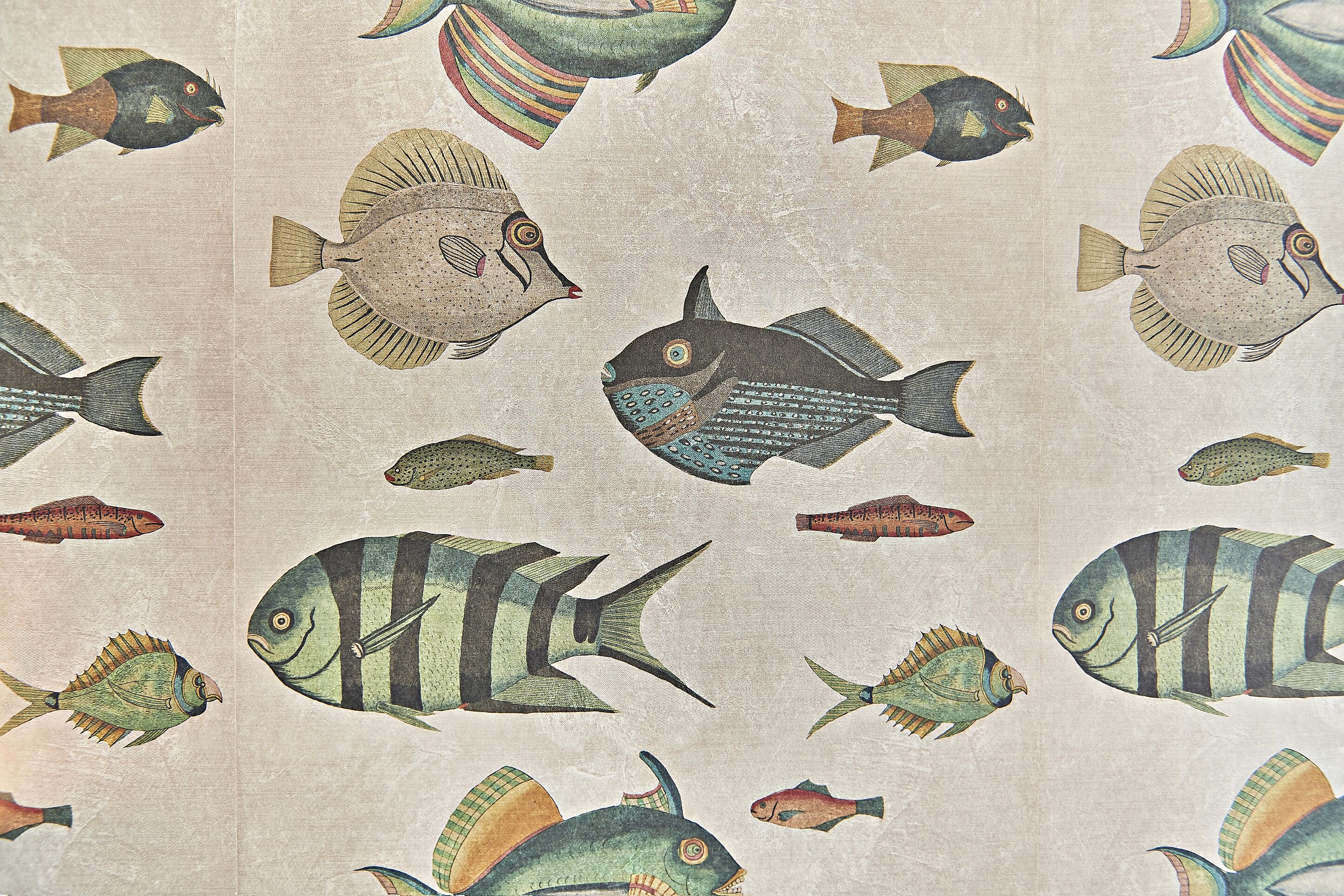A pattern of various fish illustrations on a textured background.