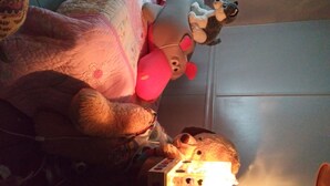 Sänky, jossa on vaaleanpunainen peitto ja pehmoleluja, kuten teddykarhu ja pehmeä lelu.