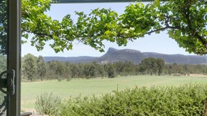 A view from inside a building, looking out to a grassy field with trees and a mountain in the distance. - Belle Bois, Capertee Valley (Bogee)