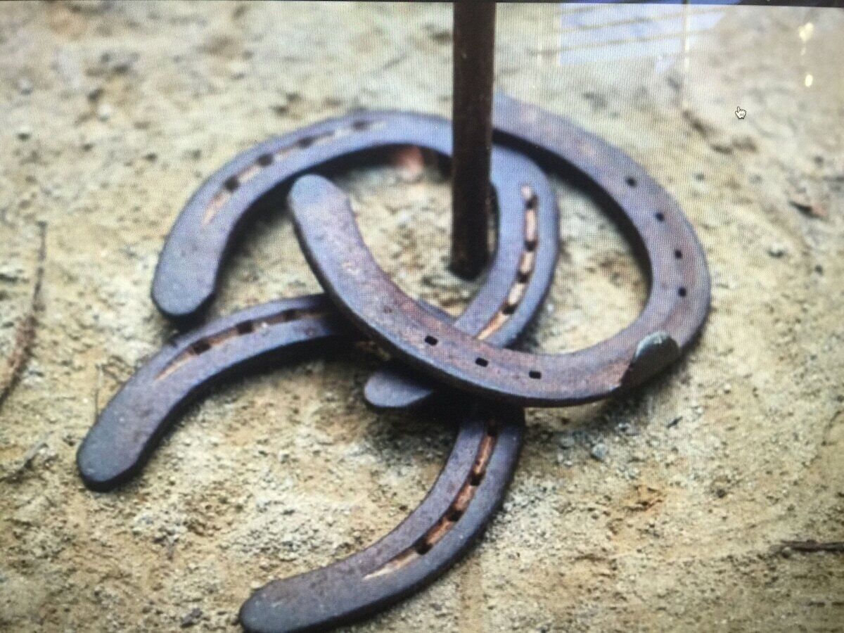 A collection of horseshoes on a textured surface.