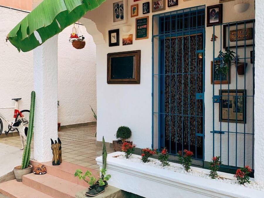 Un edificio con puerta azul, pared blanca con cuadros enmarcados y decoración con hoja verde.