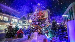 A snow-covered outdoor area with a large decorated Christmas tree, a small red building, and snowmen. - Hotel Dea della Salute (Bellaria-Igea Marina)