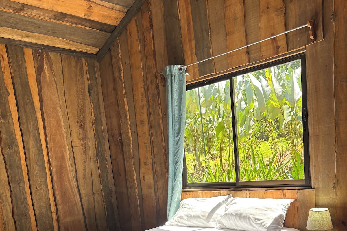 Una habitación de madera con una cama, un ventanal con cortinas y una mesita de noche con lámpara.