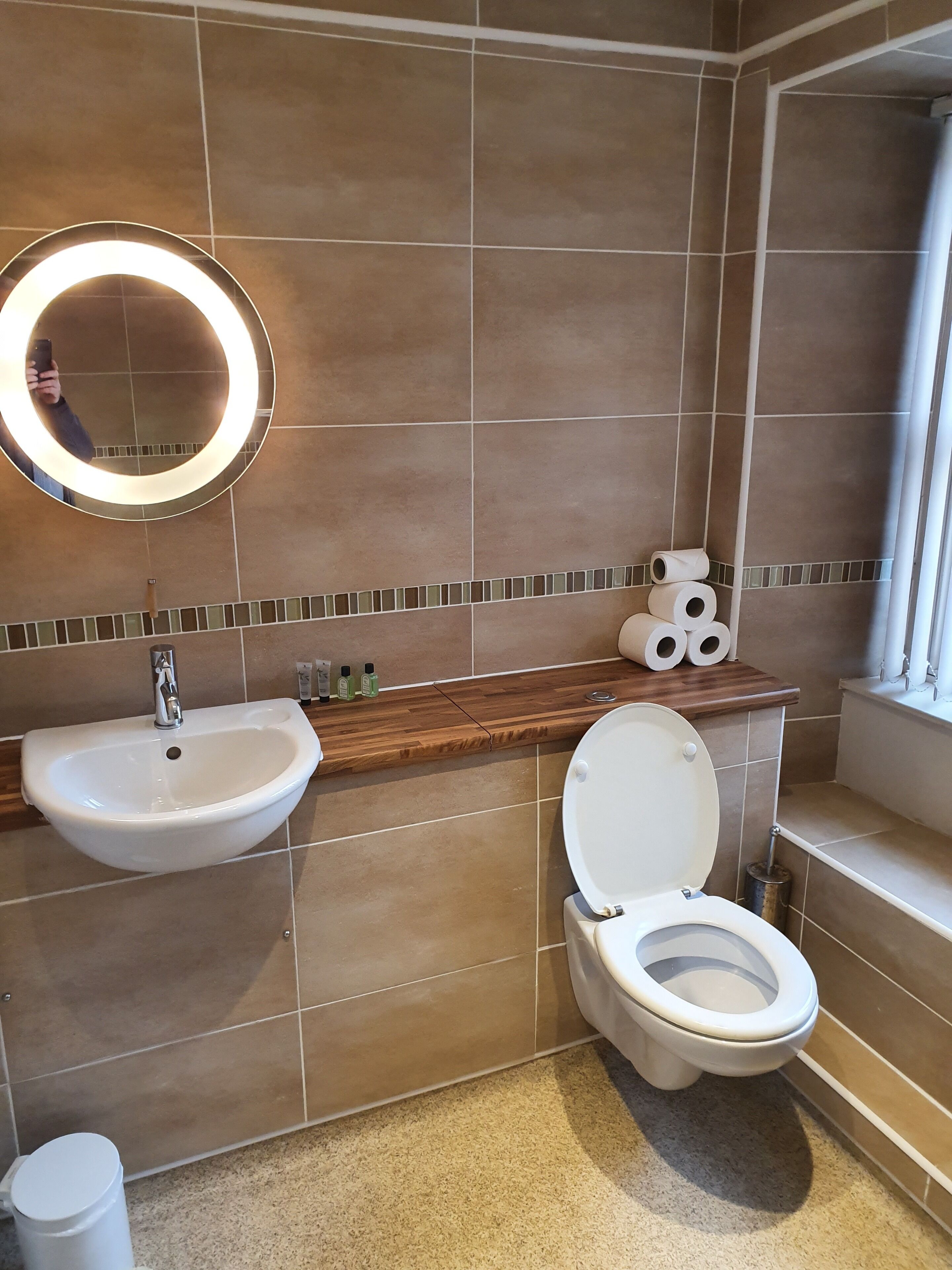 A bathroom with a sink, toilet, and mirror.