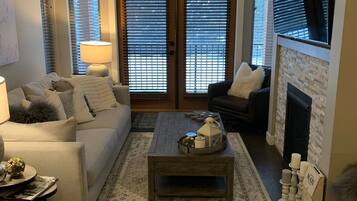 Smart TV, fireplace, books