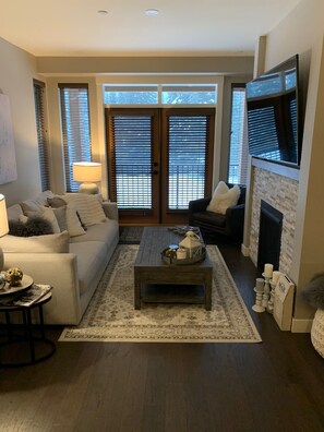 Smart TV, fireplace, books