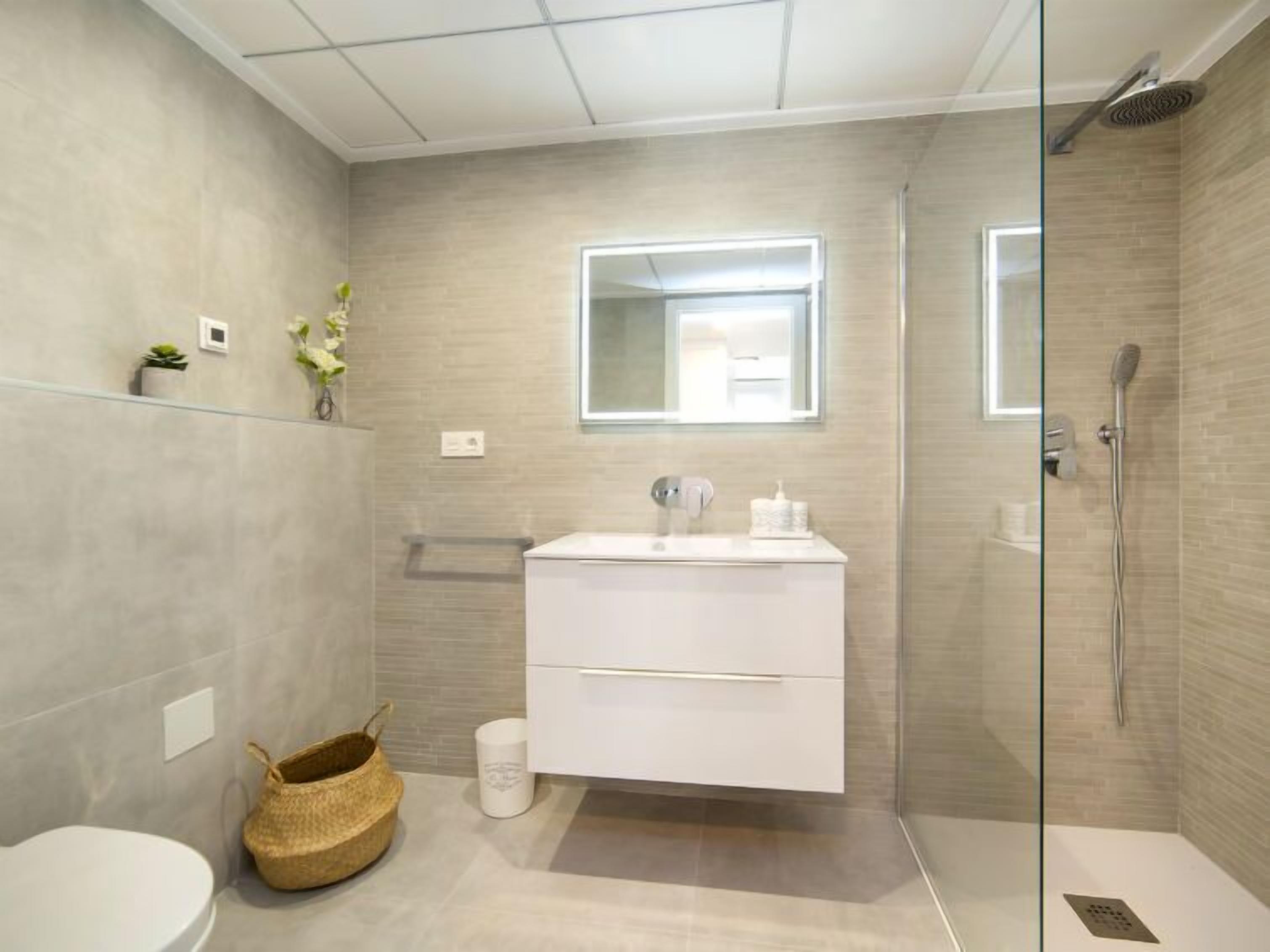 A modern bathroom with a glass shower enclosure, a white vanity with a mirror, and a small plant on the wall.