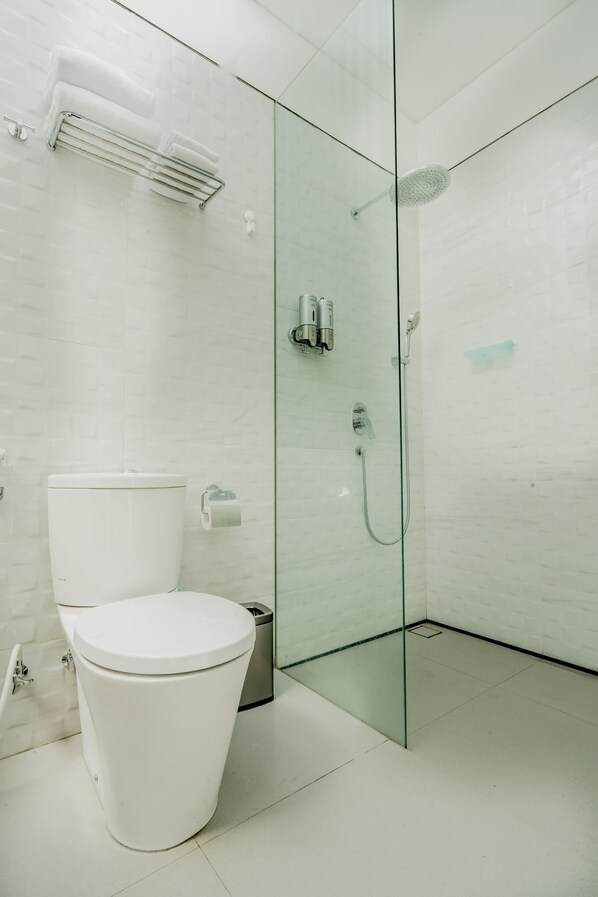 Douche, sèche-cheveux, bidet, serviettes fournies