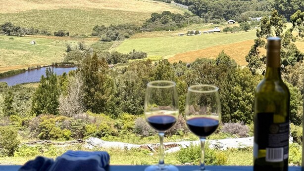 A scenic view from a balcony with two wine glasses and a bottle of wine, overlooking a lush valley with a lake and distant hills. - Serendeva: Private, panoramic views, dogs allowed & EV charger (Shadforth)