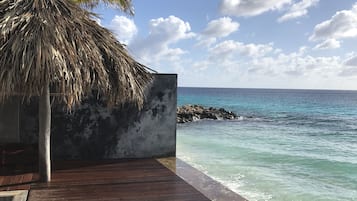 On the beach, sun-loungers, beach towels
