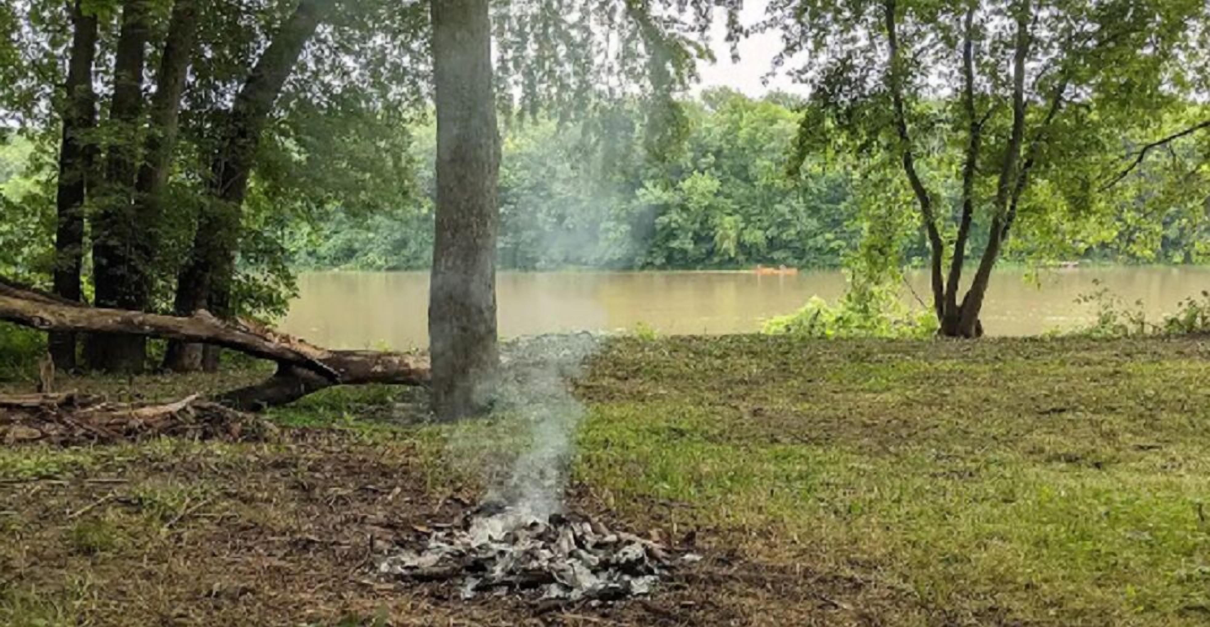 A natural outdoor setting with a campfire, trees, and a body of water in the background.