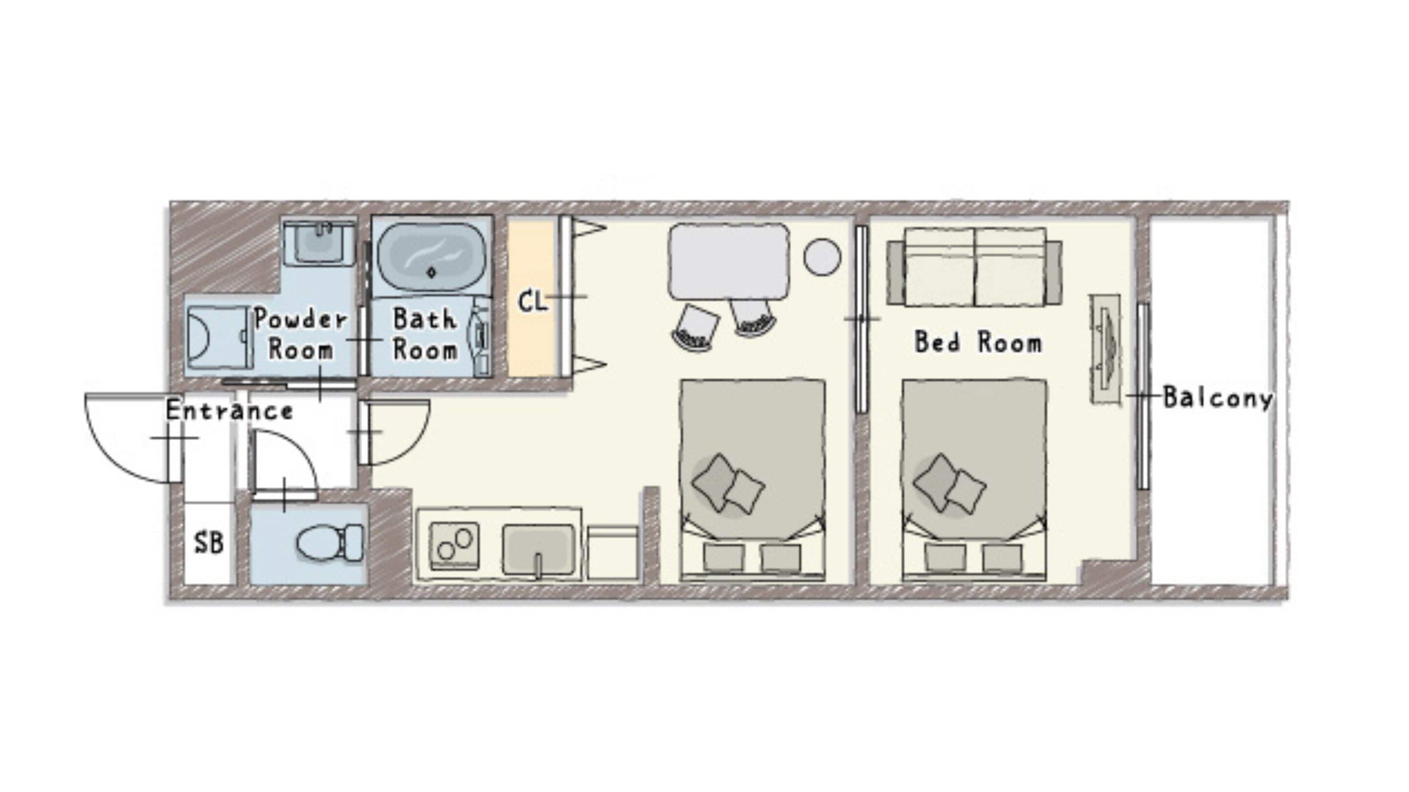 A floor plan of a hotel room with an entrance, powder room, bathroom, bedroom, balcony, and a closet.