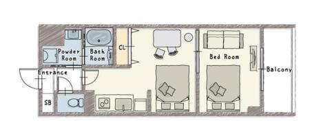 A floor plan of a hotel room with an entrance, powder room, bathroom, bedroom, balcony, and a closet.