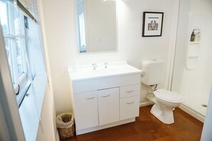 A small, clean bathroom with a white sink, toilet, and a large mirror.
