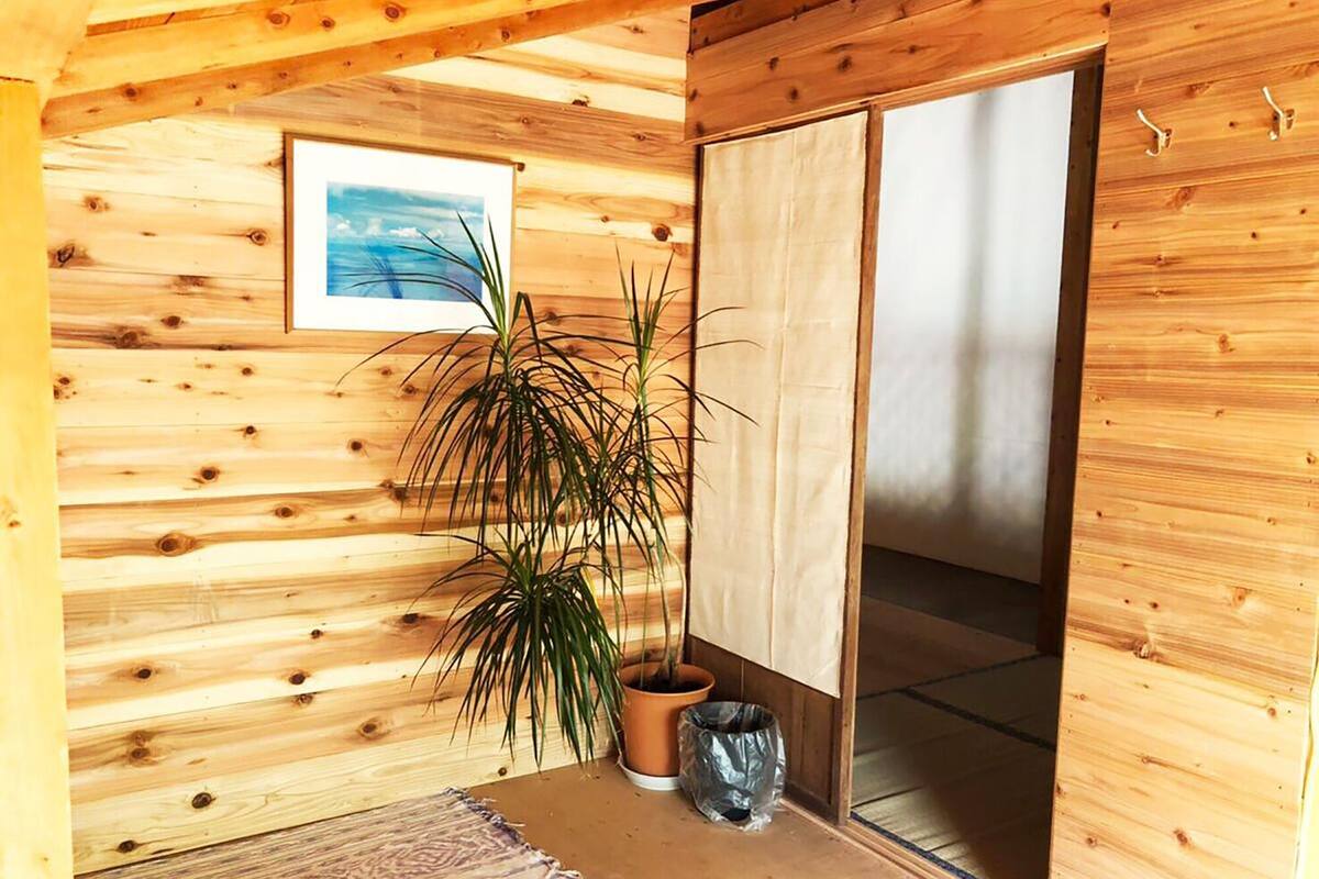 A wooden cabin interior with a potted plant, a framed picture on the wall, and a sliding door.