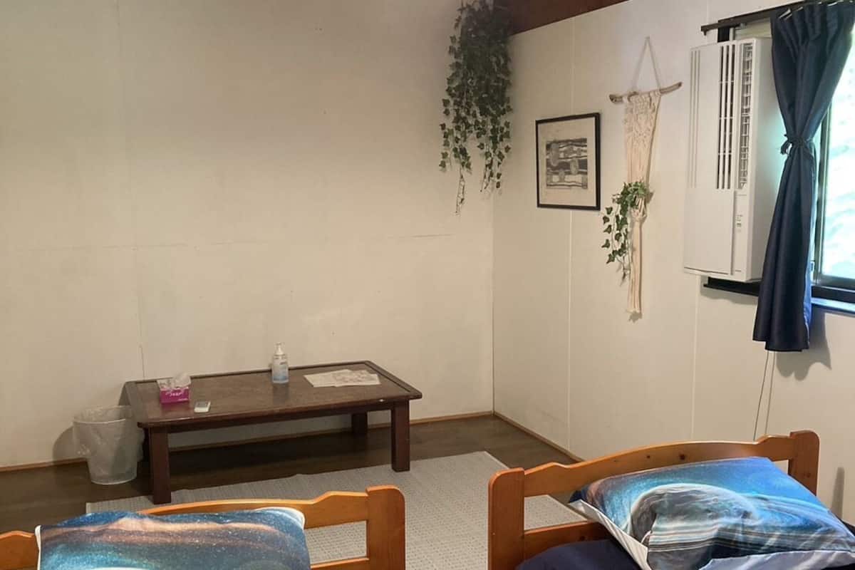 A bedroom with two wooden beds, a hanging plant, a small table, and a window with curtains.