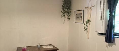 A bedroom with two wooden beds, a hanging plant, a small table, and a window with curtains.