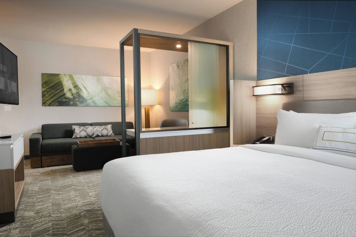 Una habitación de hotel con una cama grande, un sofá, un escritorio y un espejo.