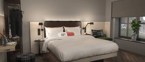 A modern bedroom with a large bed, a bedside table with a lamp, a small stool, and a window with a view of the outside.