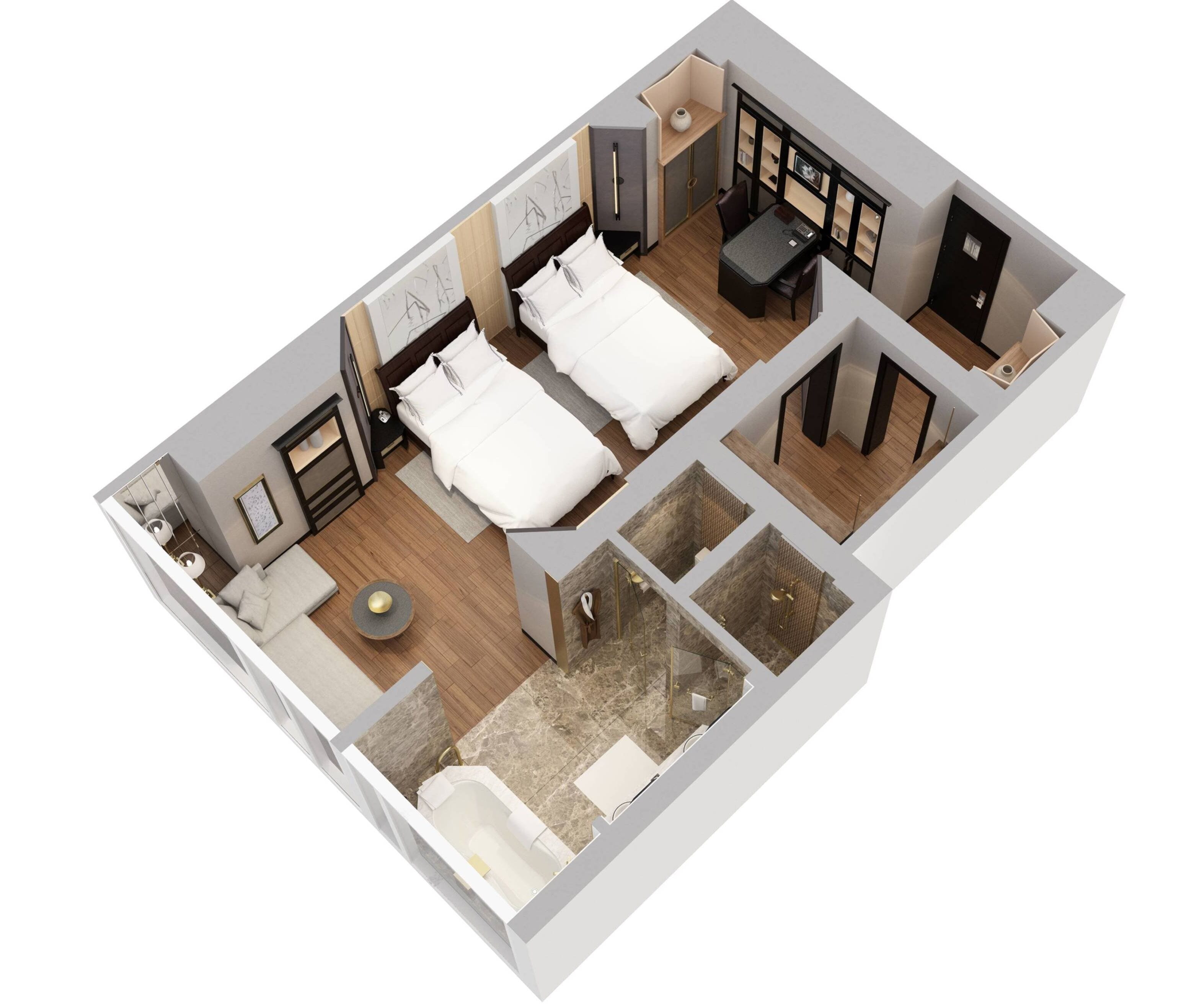 Ein 3D-Grundriss eines Hotelzimmers mit zwei Betten, einem Schreibtisch, einem Badezimmer und einer kleinen Sitzecke.