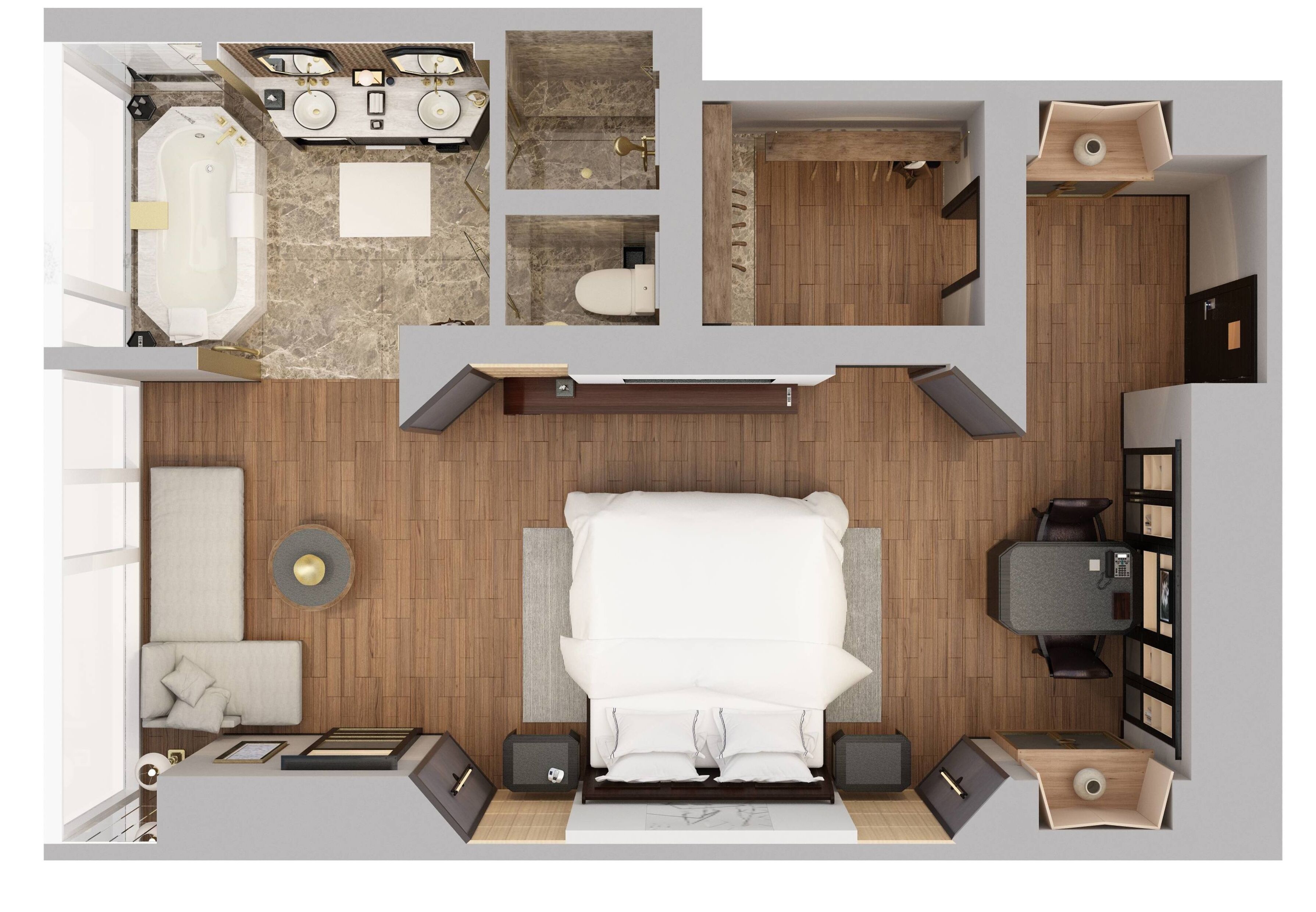 A modern hotel room layout with a large bed, a sitting area, a bathroom with a bathtub and two sinks, and a dining area with a table and chairs.