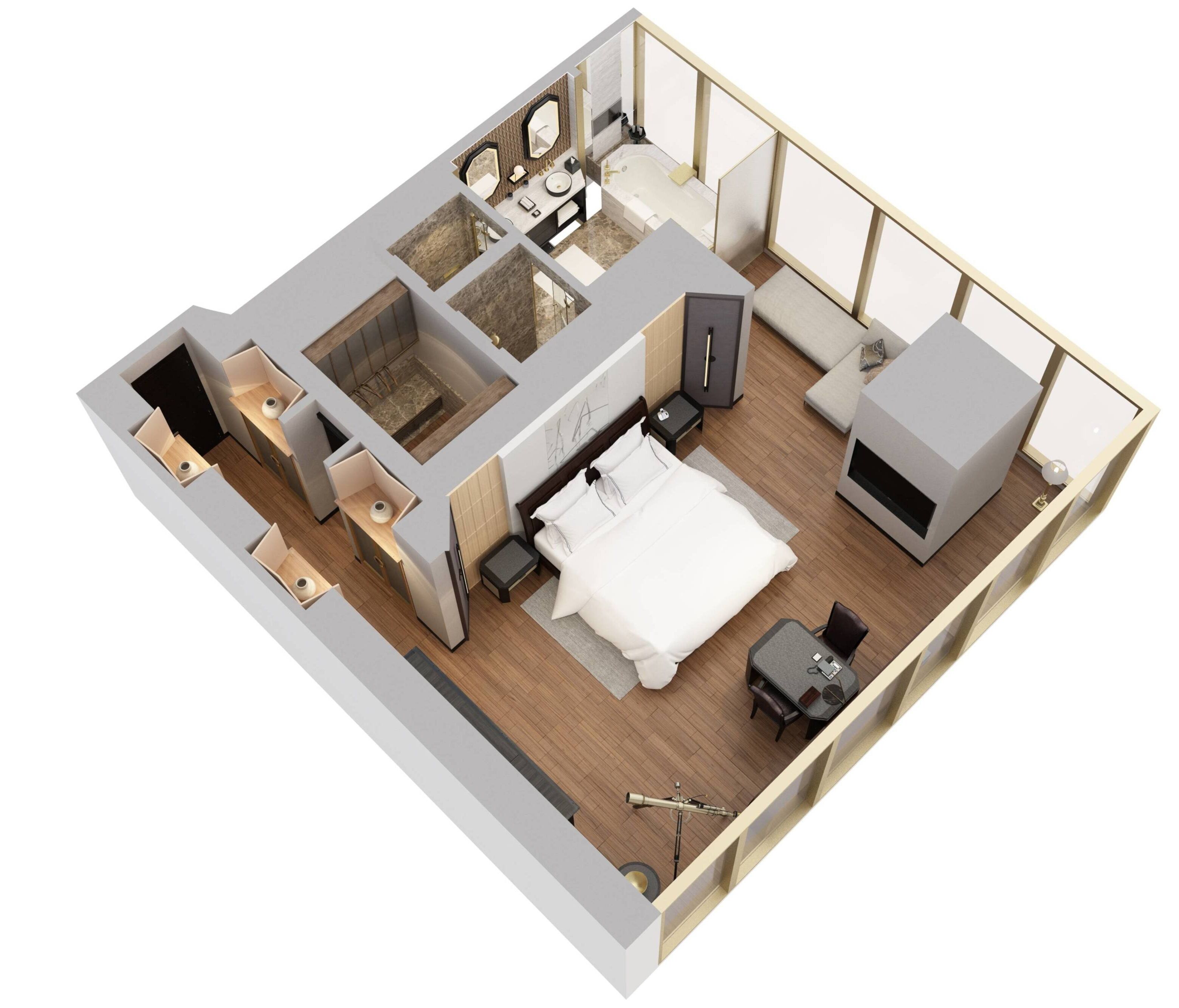 Un plan 3D d’une chambre d’hôtel comprenant un lit, un coin salon, une salle de bain et une cheminée.