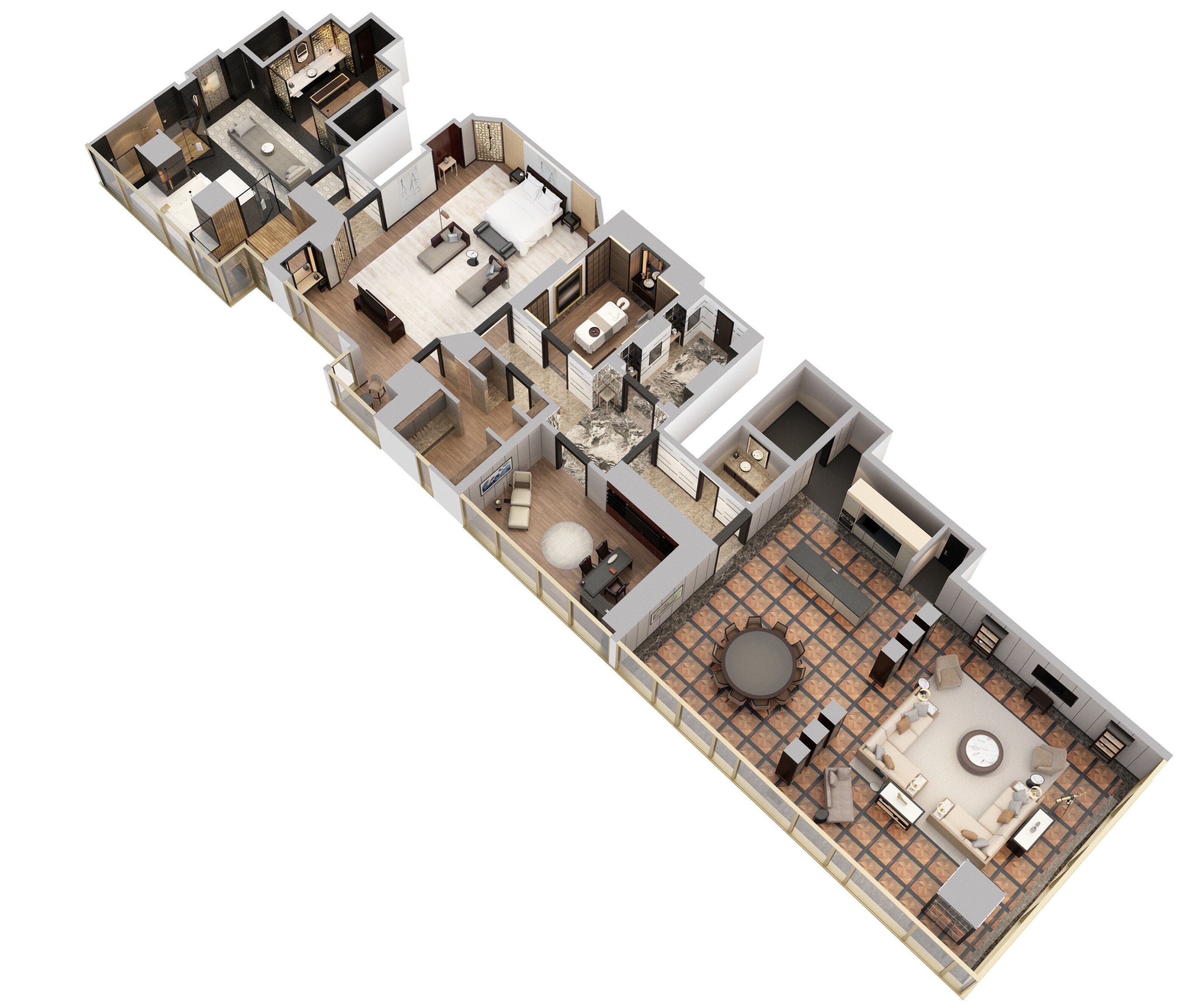 A 3D floor plan of a hotel with multiple bedrooms, a kitchen, a dining area, and a living room.