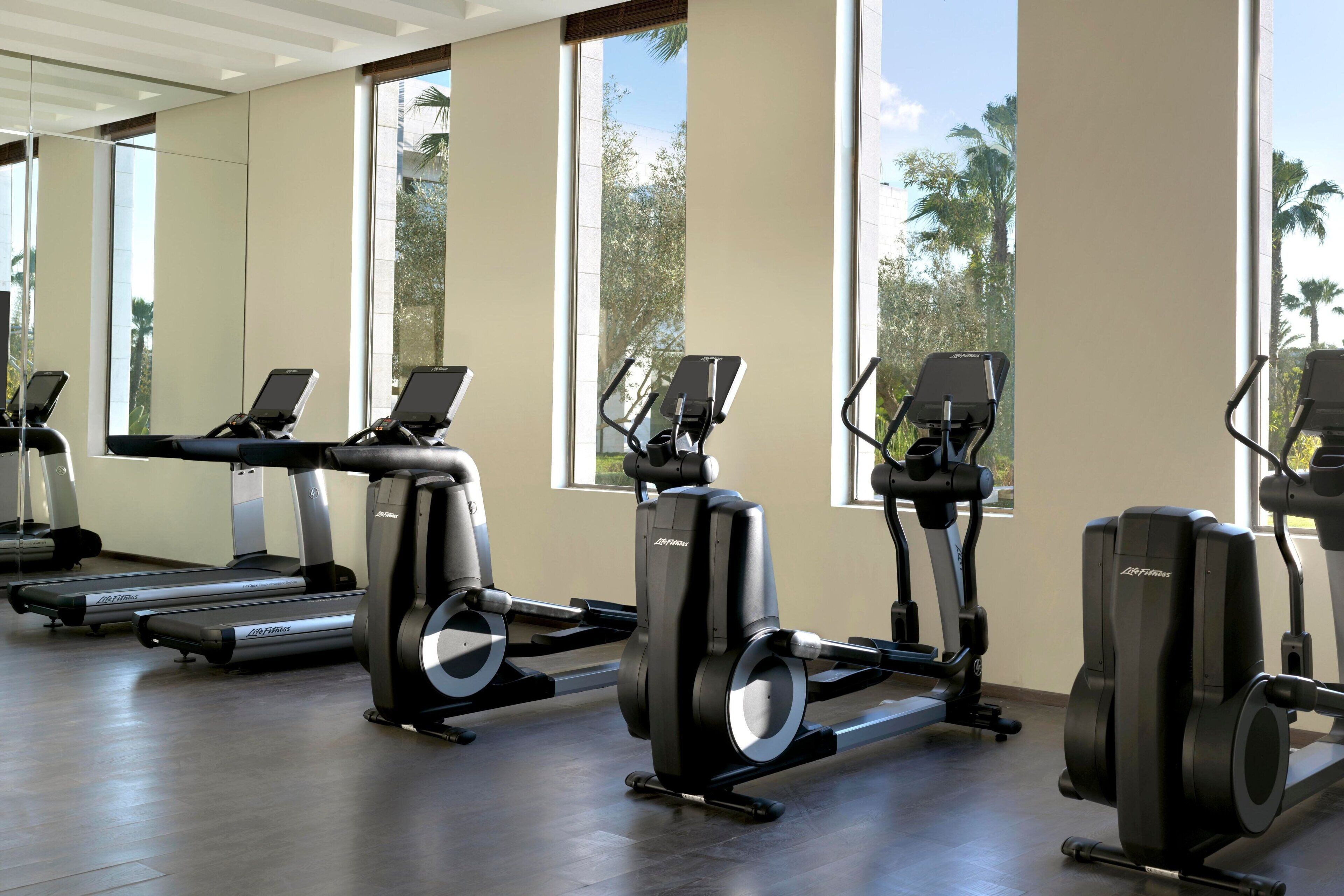 Un gimnasio con bicicletas estáticas y cintas de correr, ventanas amplias y vista a palmeras.