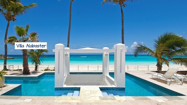 Zwembad met uitzicht op het strand, palmbomen en een helderblauwe lucht.