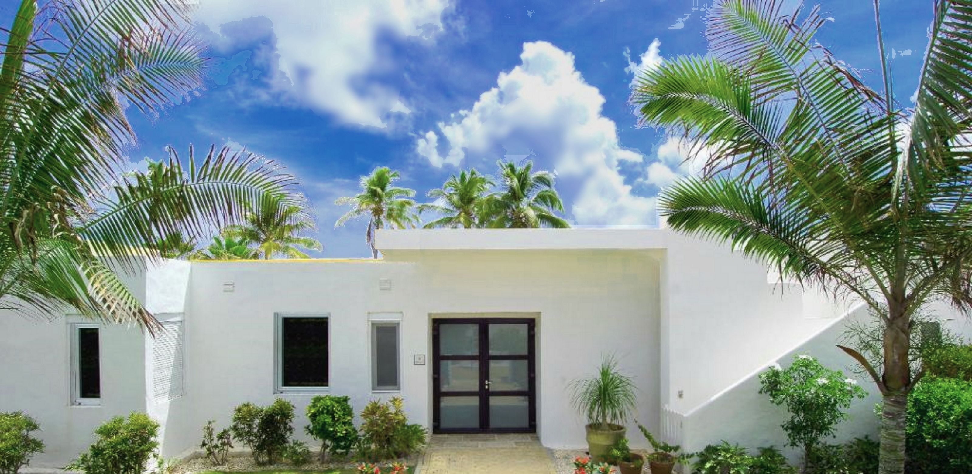 A white villa with a paved entrance, surrounded by lush greenery and palm trees.