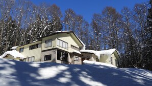 Una casa de dos pisos con techo inclinado, rodeada de árboles cubiertos de nieve y un cielo azul despejado.