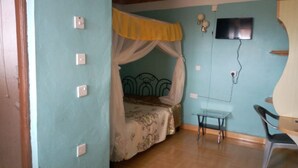 Una habitación con una cama bajo un dosel, un televisor en la pared, una mesita pequeña y una silla.