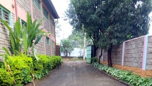 A paved pathway flanked by green hedges and a building with a pink and blue exterior. - Salkan Hotel (Embu)