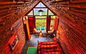 Log Cabin Balcony with Mountain View | Egyptian cotton sheets, premium bedding, Select Comfort beds, minibar - Banjara Orchard Retreat Thanedar (Kumharsain)