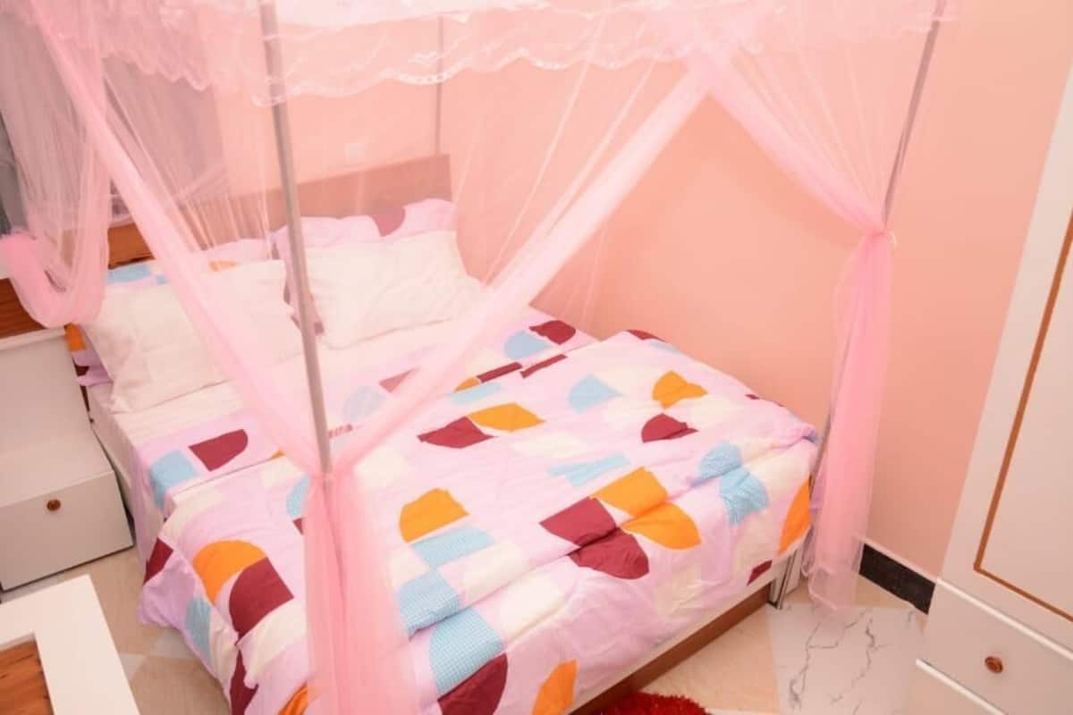 A single bed with a colorful quilt, a white nightstand, and a pink canopy.